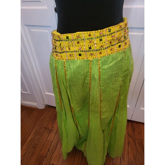 Green/Yellow Metallic Gold Jeweled Boho Midi Skirt L Hippie Gypsy Festival - Picture 3 of 9